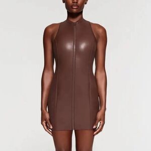 SKIMS Cocoa Brown Rubberized Scuba Swim Mock Neck Zip Front Mini Dress NWT